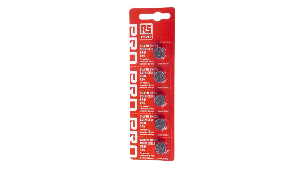 Button Cell Battery, Silver Oxide, SR44, 1.55V, 165mAh, Pack of 5 pieces